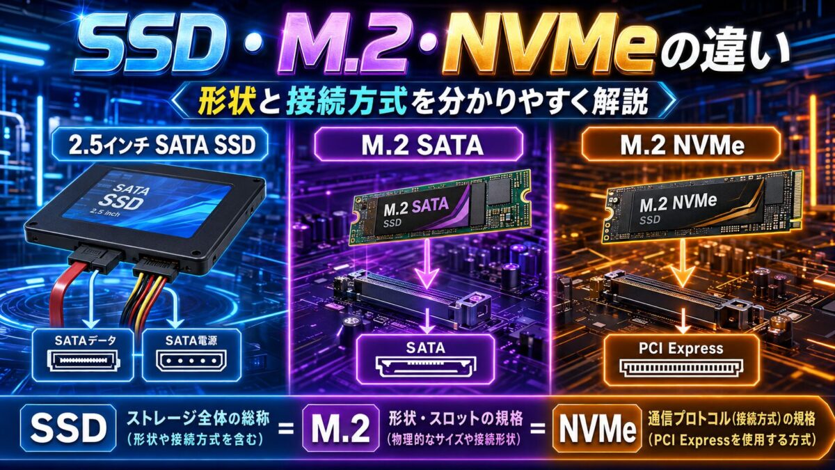 .5インチSATA SSD・M.2 SATA・M.2 NVMeの形状と接続方式を比較した画像