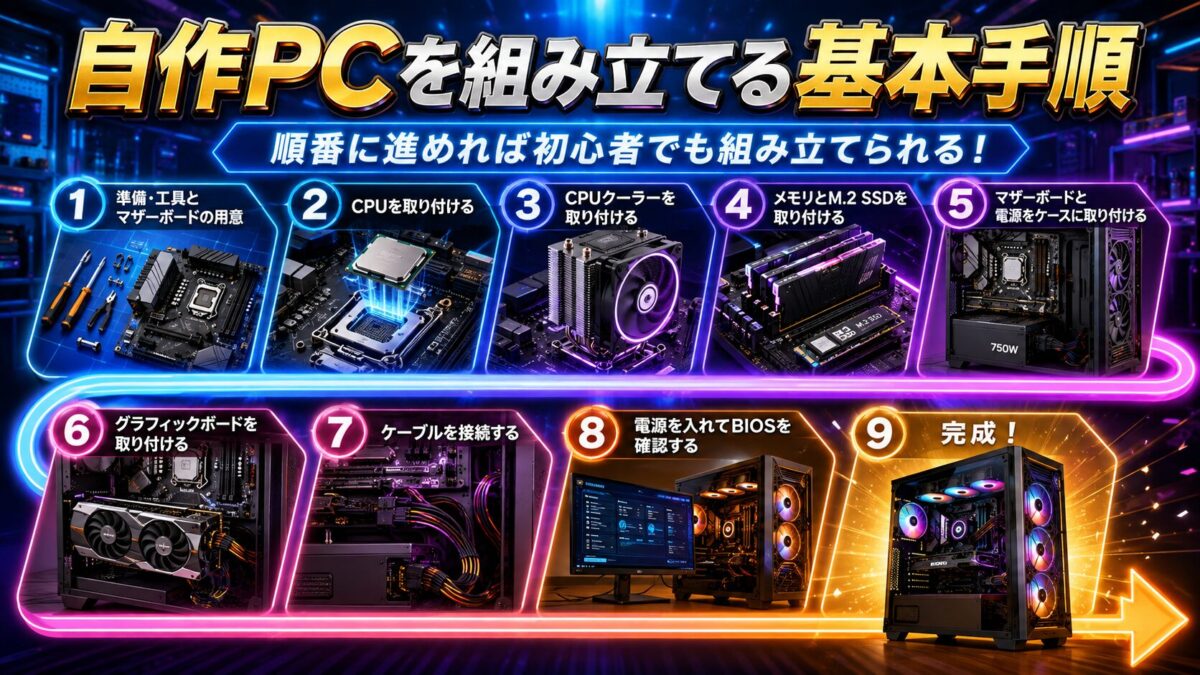 CPU・クーラー・メモリ・GPU・電源などを順番に取り付け、自作PCを完成させる手順の画像