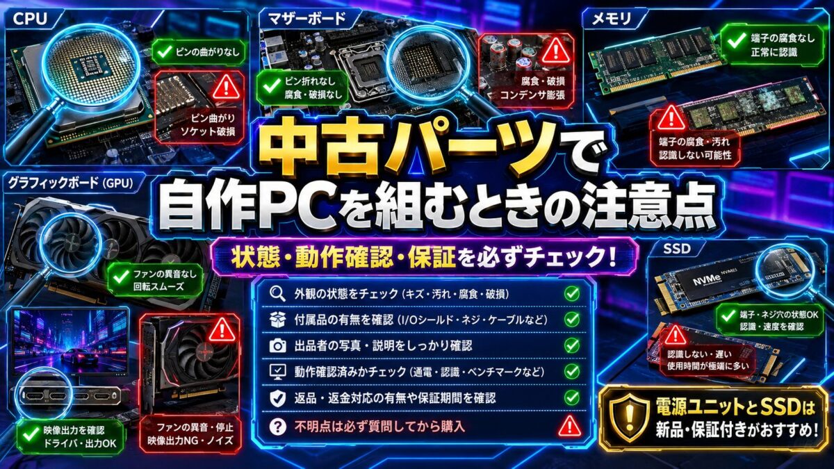 中古CPU・マザーボード・メモリ・GPU・SSDの状態・動作・保証を確認するポイントの画像