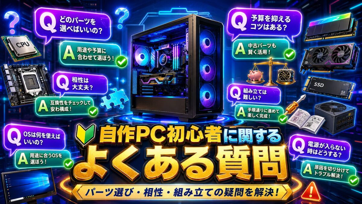 自作PC初心者のパーツ選び・相性・予算・中古品・組み立てに関する疑問を表したFAQ画像