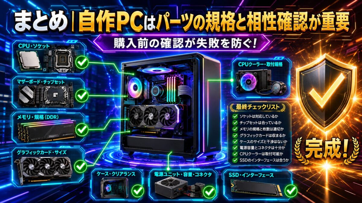 CPUソケット・メモリ・GPU・電源・ケースなど、自作PCパーツの規格と相性確認をまとめた画像