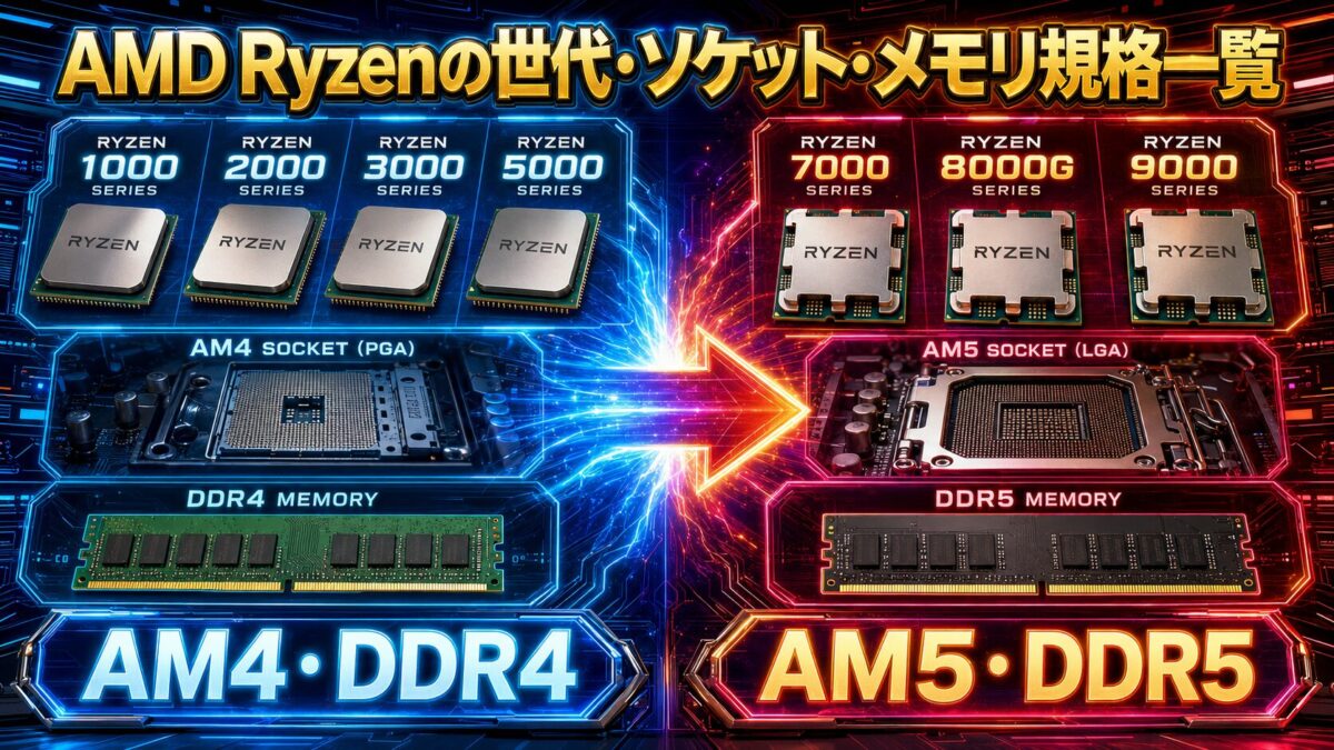 AMD Ryzenの世代とAM4・DDR4、AM5・DDR5の違いを比較した画像