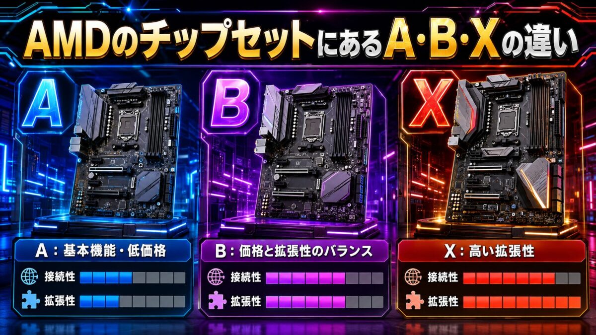 AMDのA・B・Xチップセットについて、基本機能・価格・拡張性の違いを比較した画像