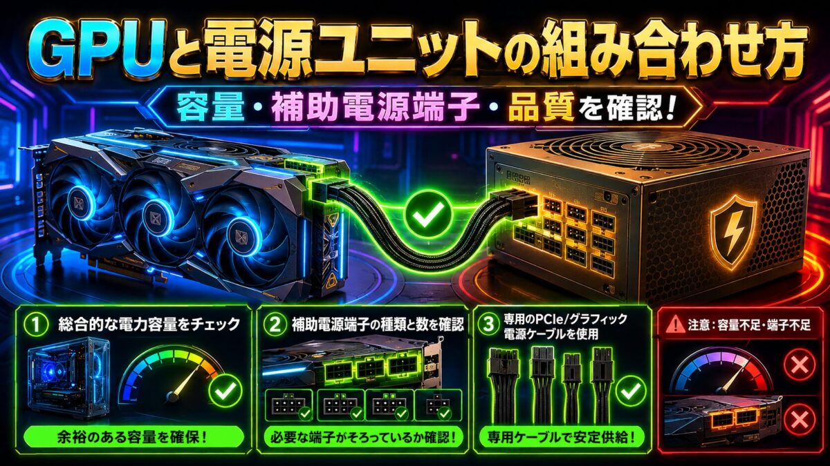 GPUの消費電力・補助電源端子・電源ユニットの容量と品質を確認し、正しく組み合わせる方法を表した画像