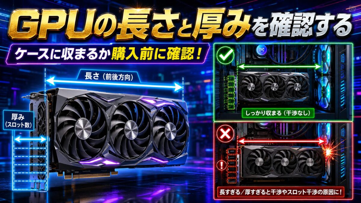 GPUの長さ・厚み・使用スロット数と、PCケース内へ取り付けられるかを確認する画像