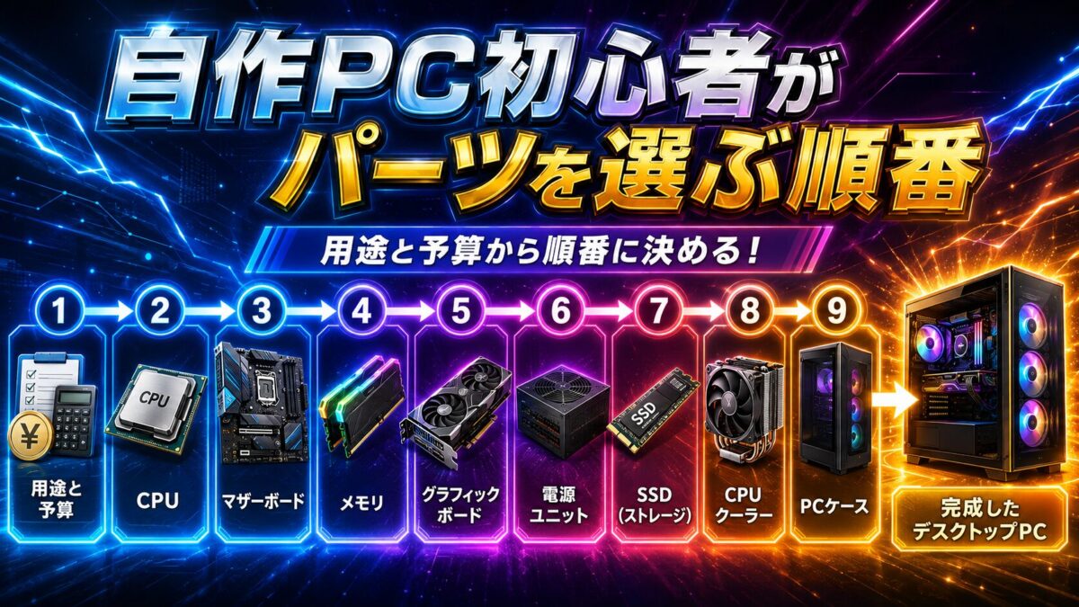 用途と予算からCPU・マザーボード・メモリ・GPU・電源・SSD・ケースを選ぶ順番を表した画像