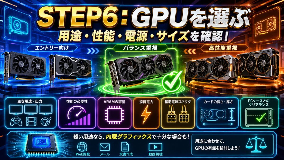ゲーム・動画編集などの用途や性能、消費電力、補助電源、カードサイズを確認してGPUを選ぶ手順を表した画像