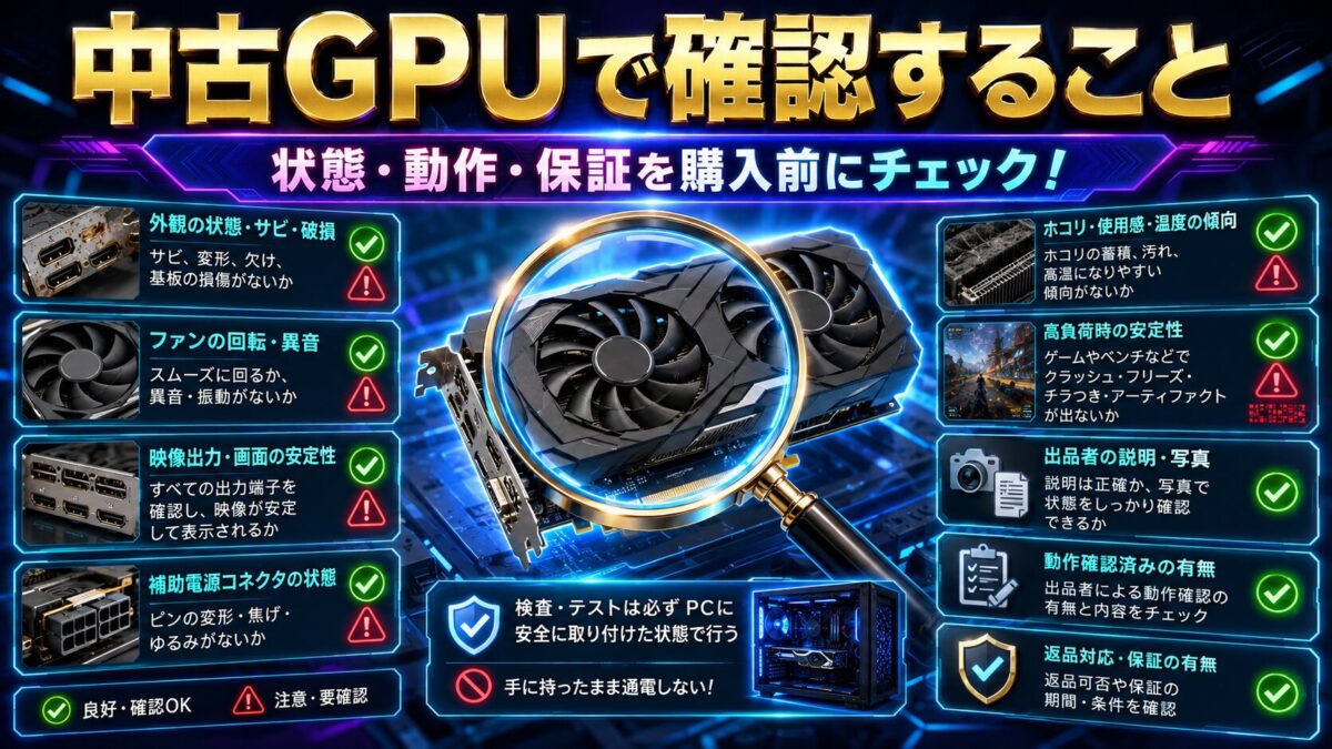 中古GPUの外観・ファンの異音・映像出力・補助電源端子・高負荷時の動作・保証を確認するポイントの画像