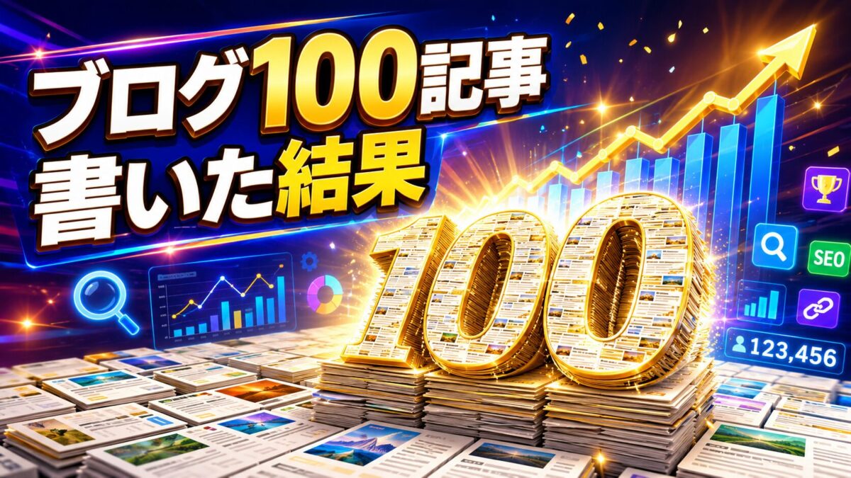ブログ100記事を書いた結果とアクセス・検索順位の変化を表したイメージ画像