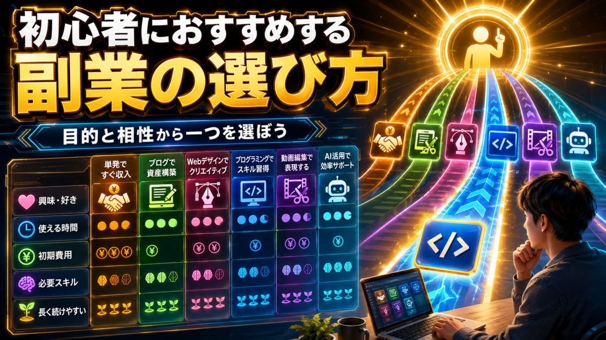初心者が自分の目的や得意なことに合った副業を選んでいる画像