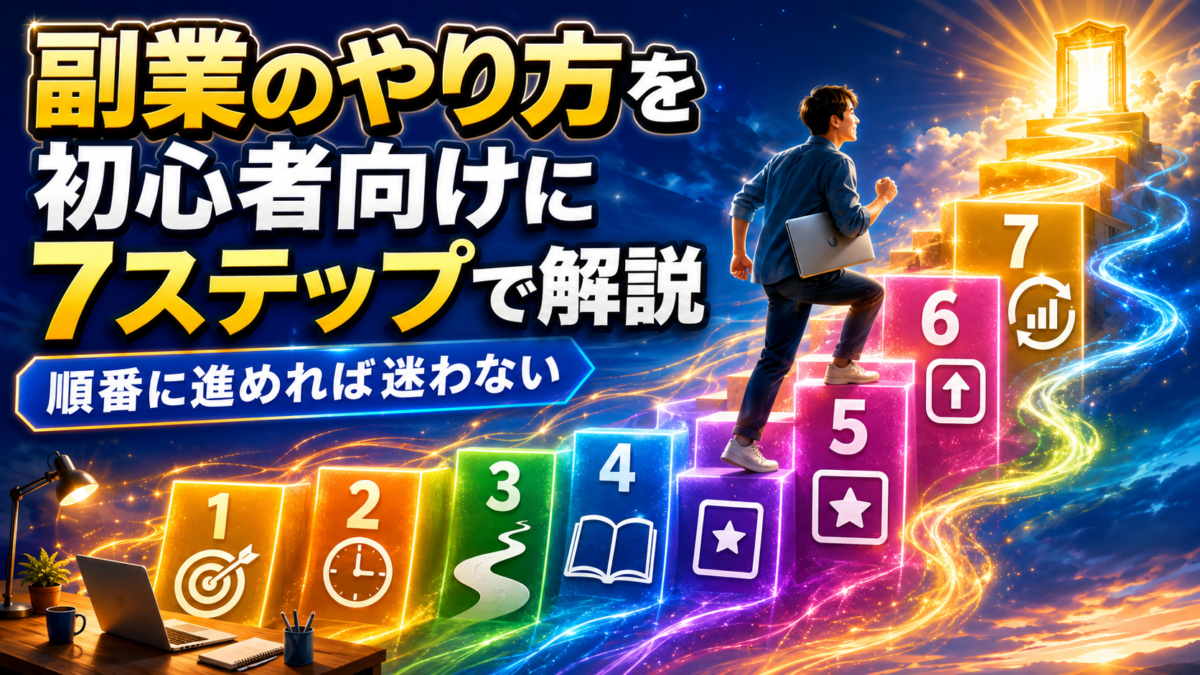 副業初心者が準備から仕事の開始まで7つのステップで進める流れを示した画像