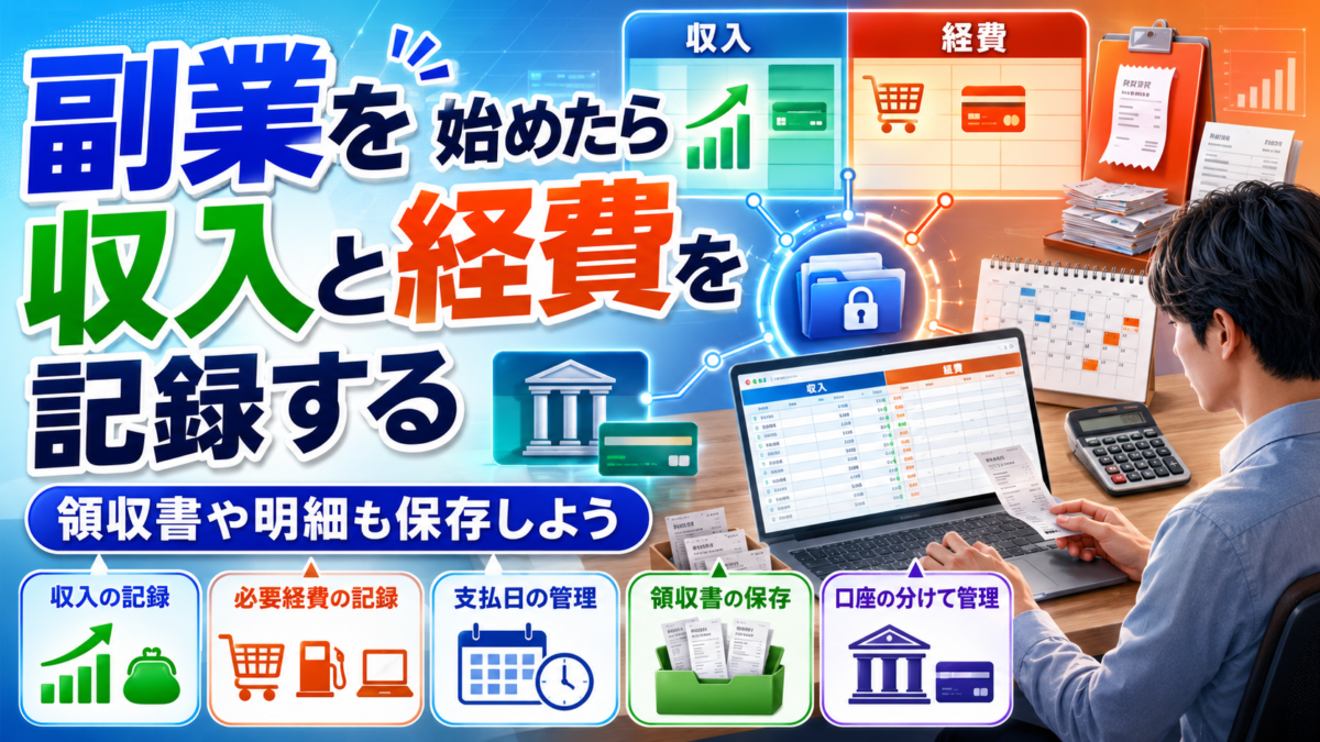 副業で得た収入と必要経費を帳簿やパソコンに記録している画像