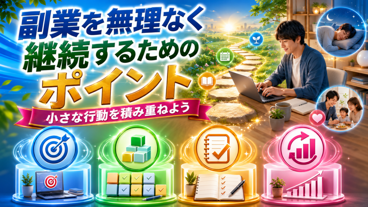 本業や生活とのバランスを保ちながら、副業を無理なく継続するポイントを示した画像