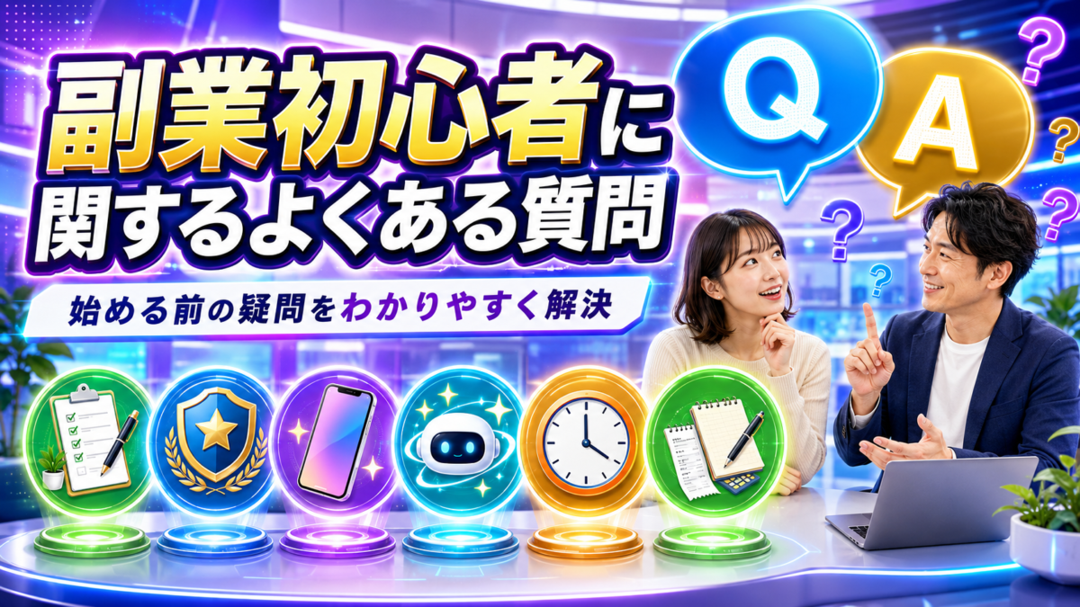副業初心者が抱えやすい始め方やスキル、スマホ、AI、収入などの疑問に回答する画像
