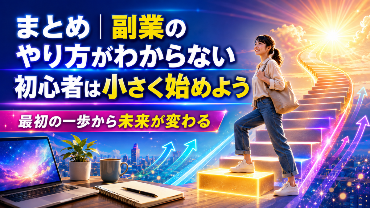 副業のやり方がわからない初心者が、小さな一歩から前向きに始める様子を表した画像