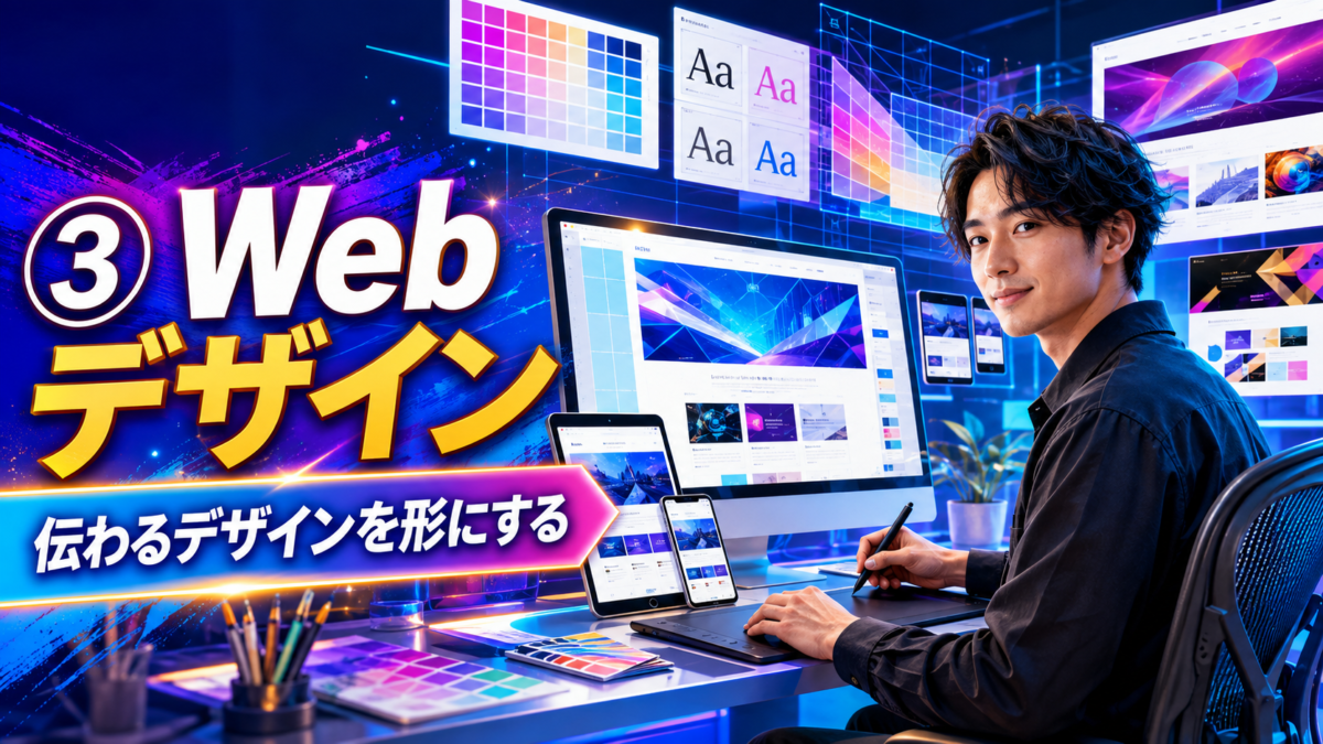 副業初心者がパソコンを使ってWebデザインの制作に取り組んでいる画像