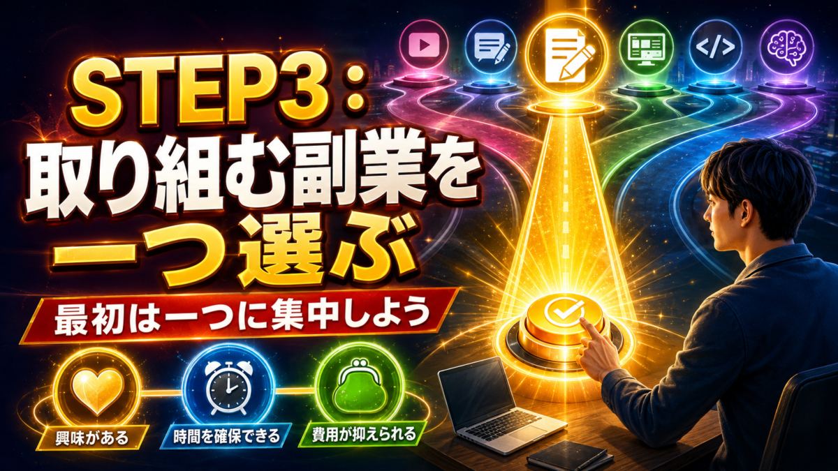 副業初心者が複数の候補から、最初に取り組む副業を一つ選んでいる画像