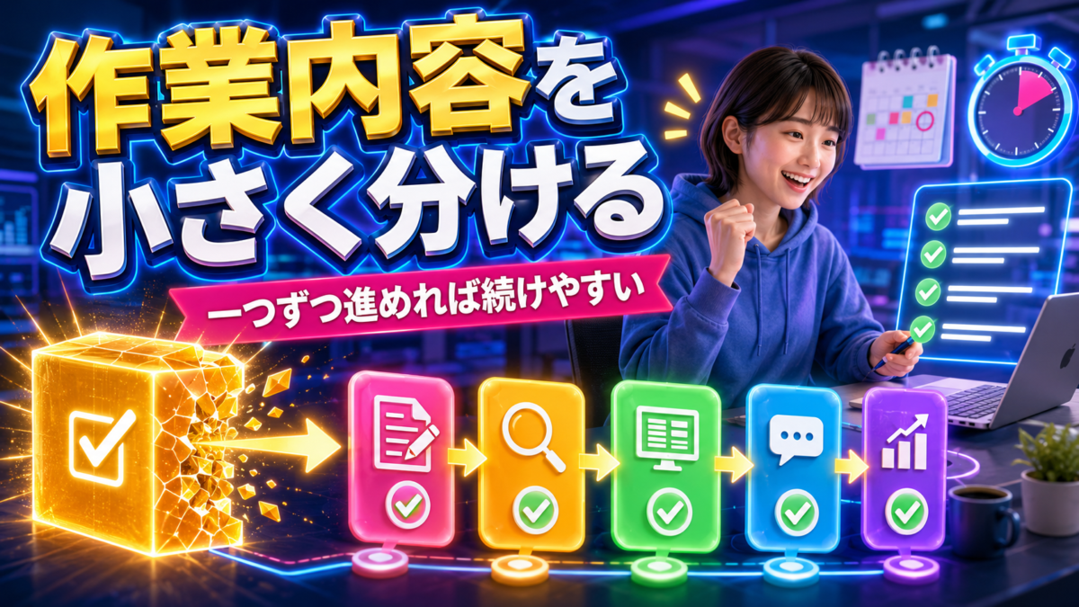 副業の作業内容を小さなタスクに分け、一つずつ順番に進めている画像