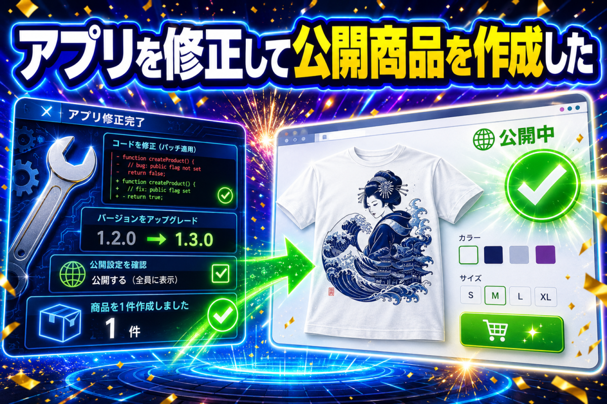 SUZURI安全出品ヘルパーを修正して公開設定の商品作成に成功した画面