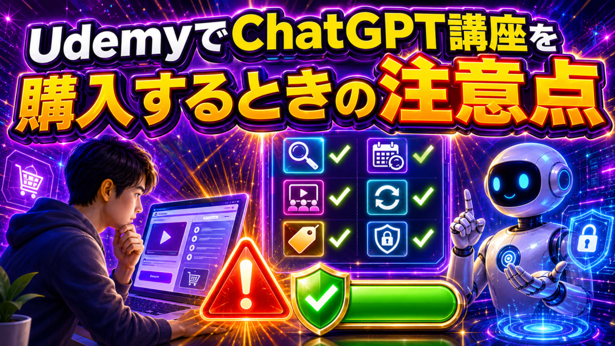 UdemyでChatGPT講座を購入するときに確認したい注意点を表した画像