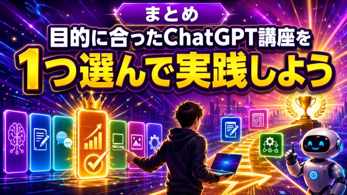 目的に合ったChatGPT講座を1つ選んで実践する重要性を表したまとめ画像