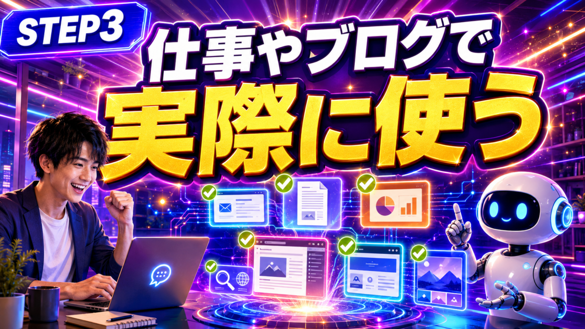 STEP3としてChatGPTを仕事やブログで実際に活用する様子を表した画像