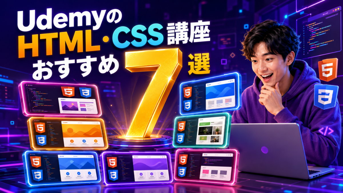 UdemyのHTML・CSS講座おすすめ7選を初心者が比較して選ぶ様子を表した画像