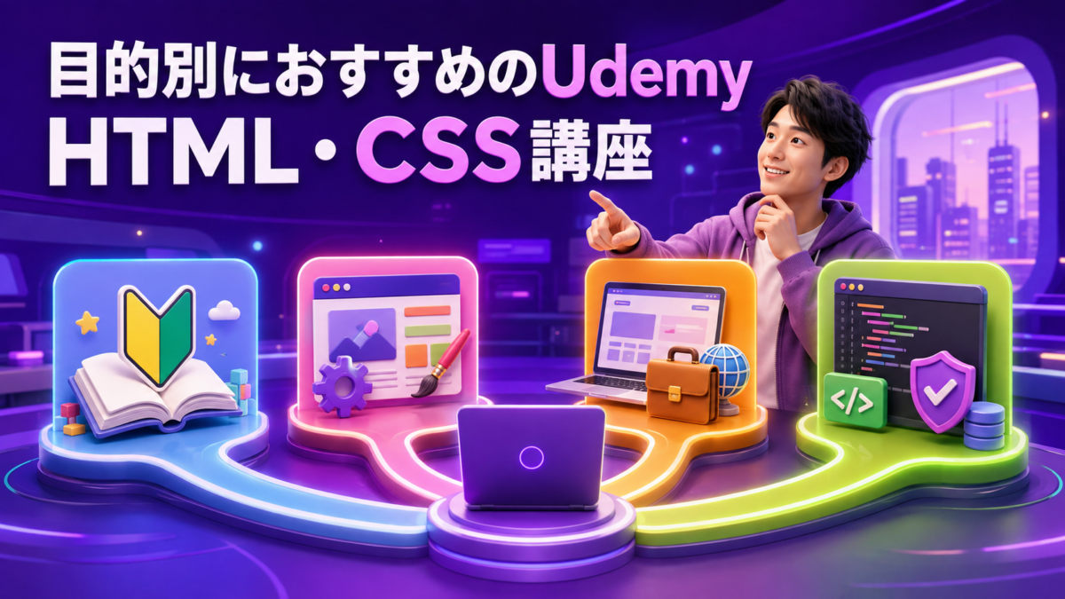 初心者・WordPress・副業Web制作・Webエンジニアなど目的別にUdemyのHTML・CSS講座を選ぶ画像