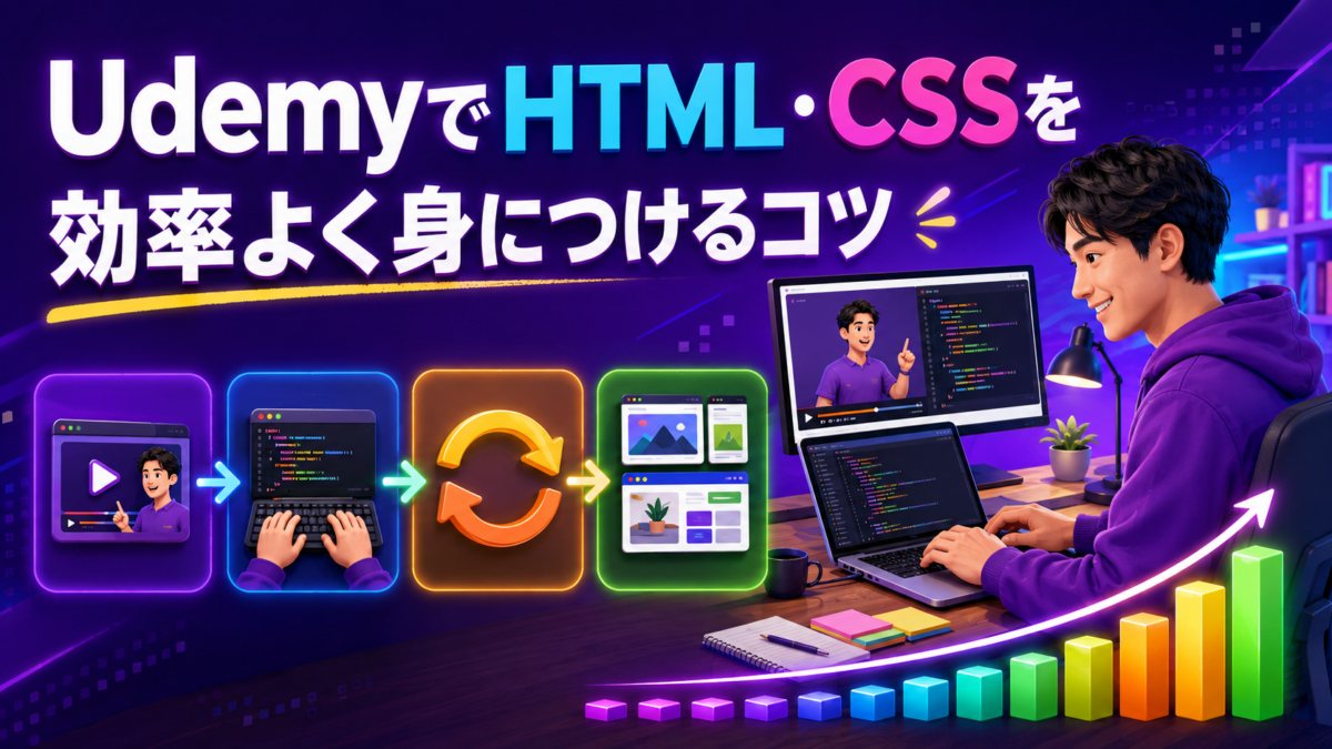 Udemy動画の視聴・実際のコード入力・反復学習・小さなWebページ制作でHTML・CSSを効率よく身につける画像