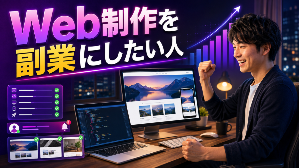 HTML・CSSを学んでWeb制作案件を受注し、副業へつなげる人を表した画像
