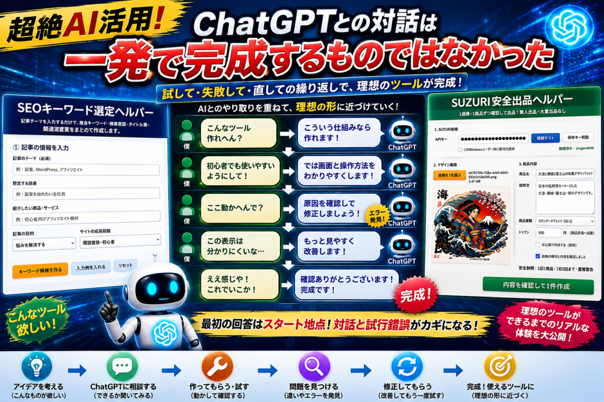 ChatGPTとの対話を繰り返しながらツールを試作・確認・修正して完成度を高めていく流れ
