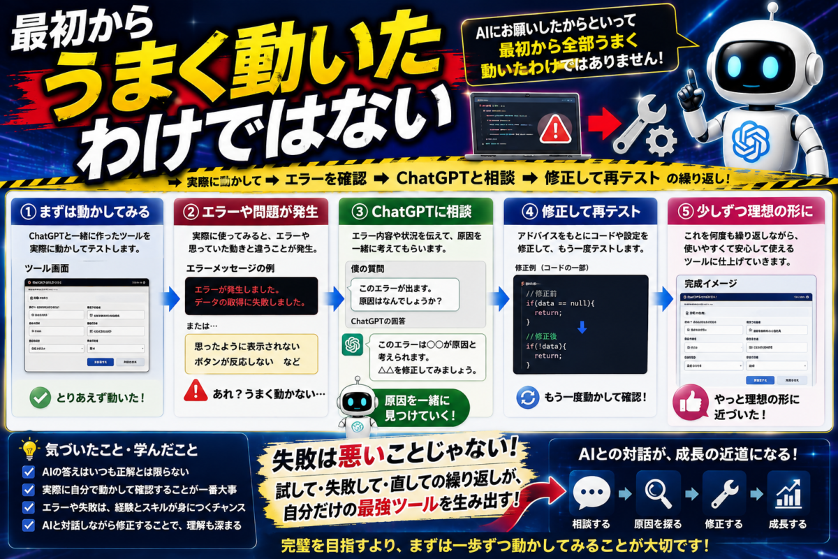 AIで作ったツールのエラーや不具合を確認しChatGPTと相談しながら修正と再テストを繰り返す様子