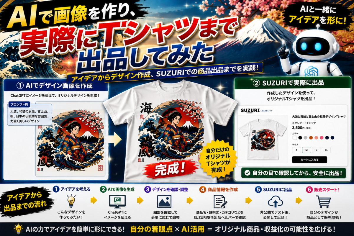 AIで作成した和風デザインを使ってSUZURIで実際にTシャツ商品として出品するまでの流れ