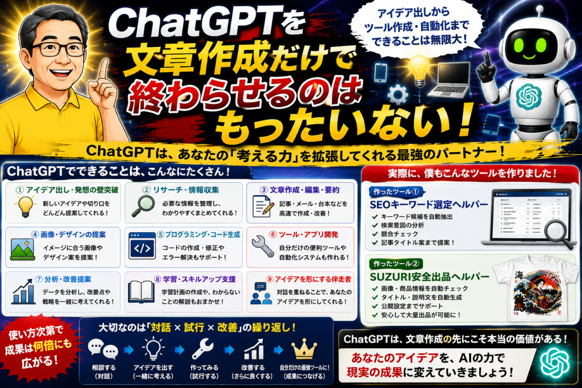 ChatGPTを文章作成だけでなくアイデア出しやプログラミング、ツール制作や自動化まで活用する方法