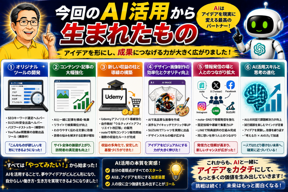 AI活用からツール制作や記事作成、商品出品、情報発信など複数の成果へ発展した実践例