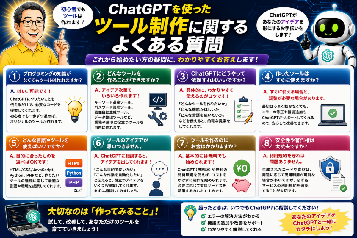 ChatGPTを使ったツール制作の方法やプログラミング知識、費用、安全性に関するよくある質問
