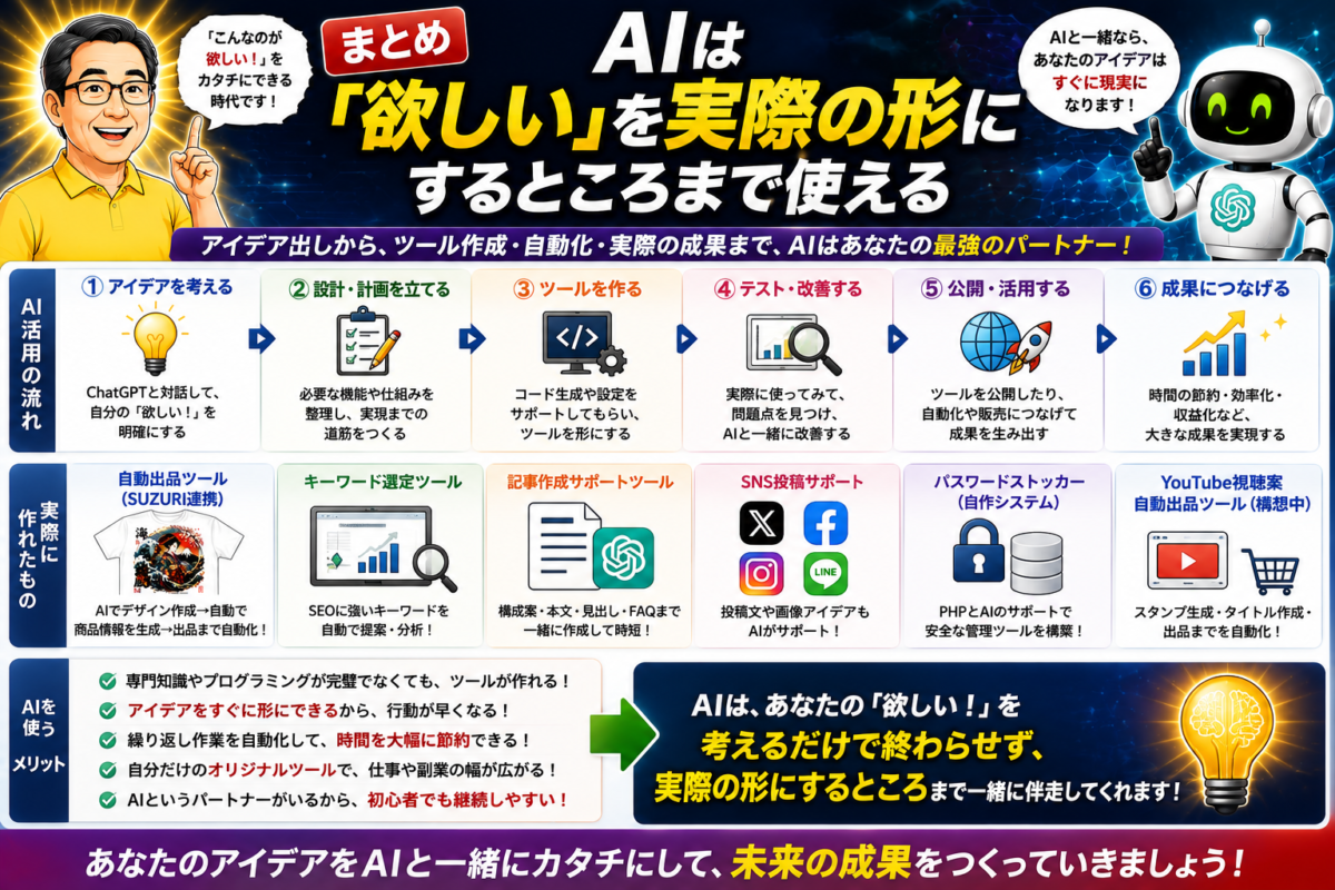 ChatGPTとの対話からアイデアをツールにしてテスト・改善・公開し実際の成果へつなげるAI活用の流れ