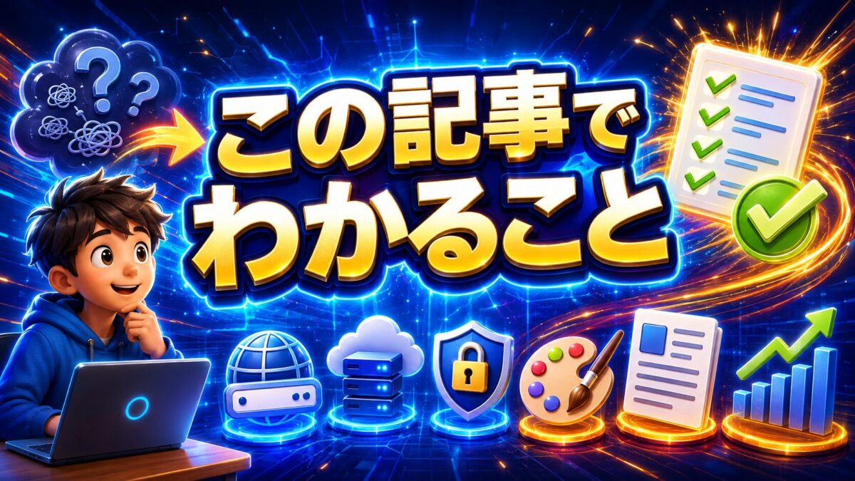 WordPress初心者が学べるドメイン・レンタルサーバー・セキュリティ・デザイン・記事作成・SEOの内容