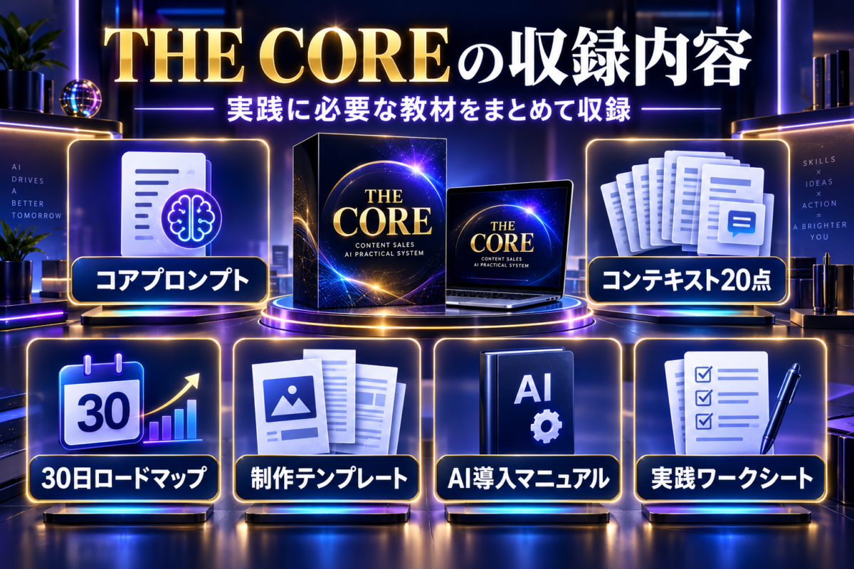THE COREに収録されているコアプロンプト・コンテキスト20点・30日ロードマップ・制作テンプレート・AI導入マニュアル・実践ワークシート