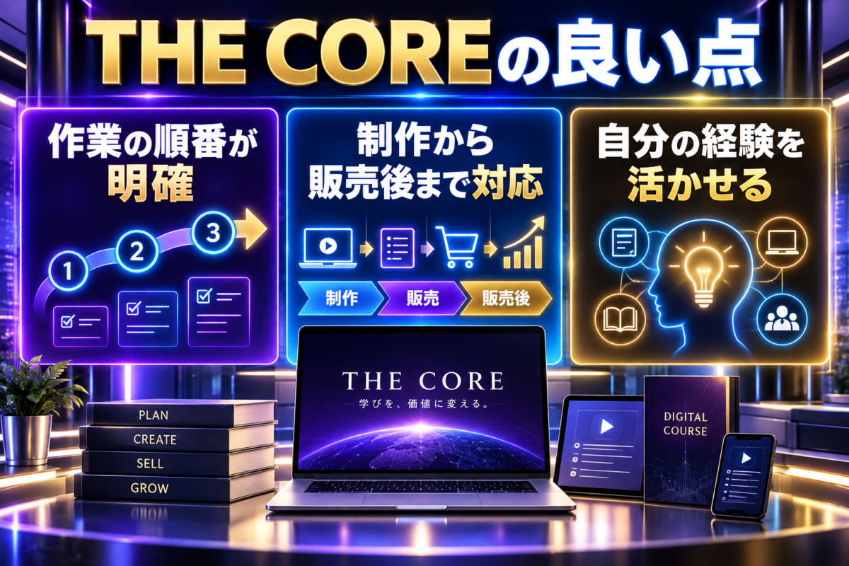 THE COREの良い点である作業順序の明確さ、制作から販売後までの対応、自分の経験を活かせる特徴を解説する画像