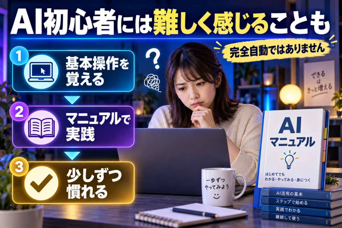 生成AI初心者が基本操作を覚え、マニュアルを見ながら実践し、少しずつ操作に慣れていく流れ