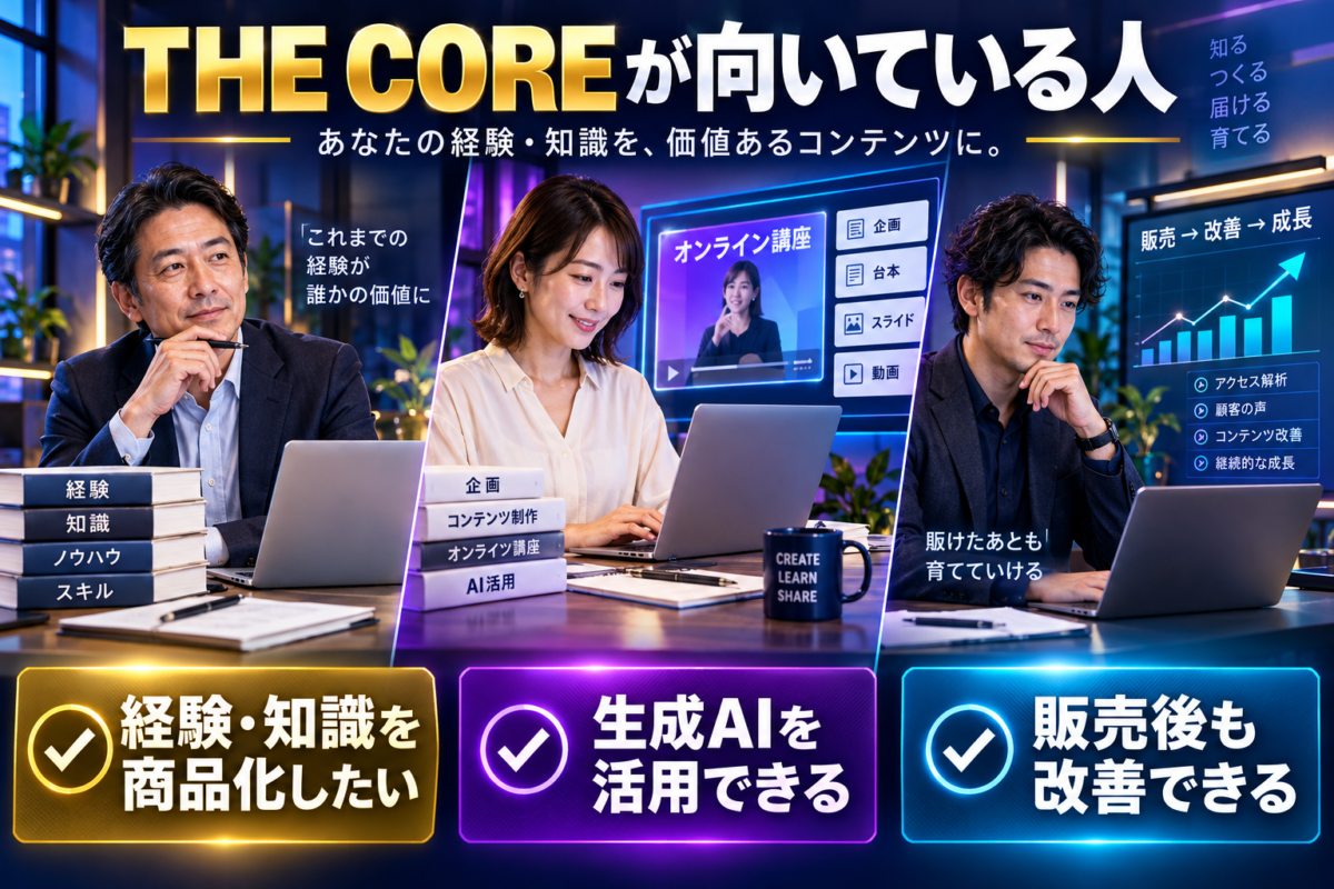 THE COREが向いている経験や知識を商品化したい人、生成AIを活用できる人、販売後も改善できる人
