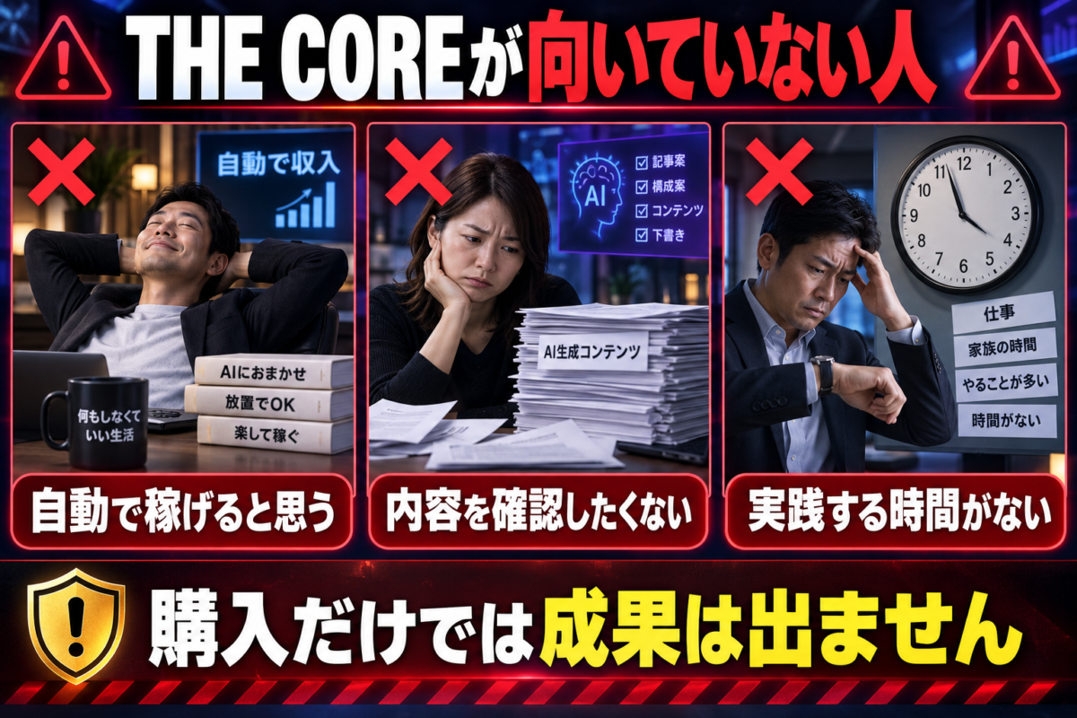 THE COREが向いていない自動で稼げると思う人、内容を確認したくない人、実践する時間がない人