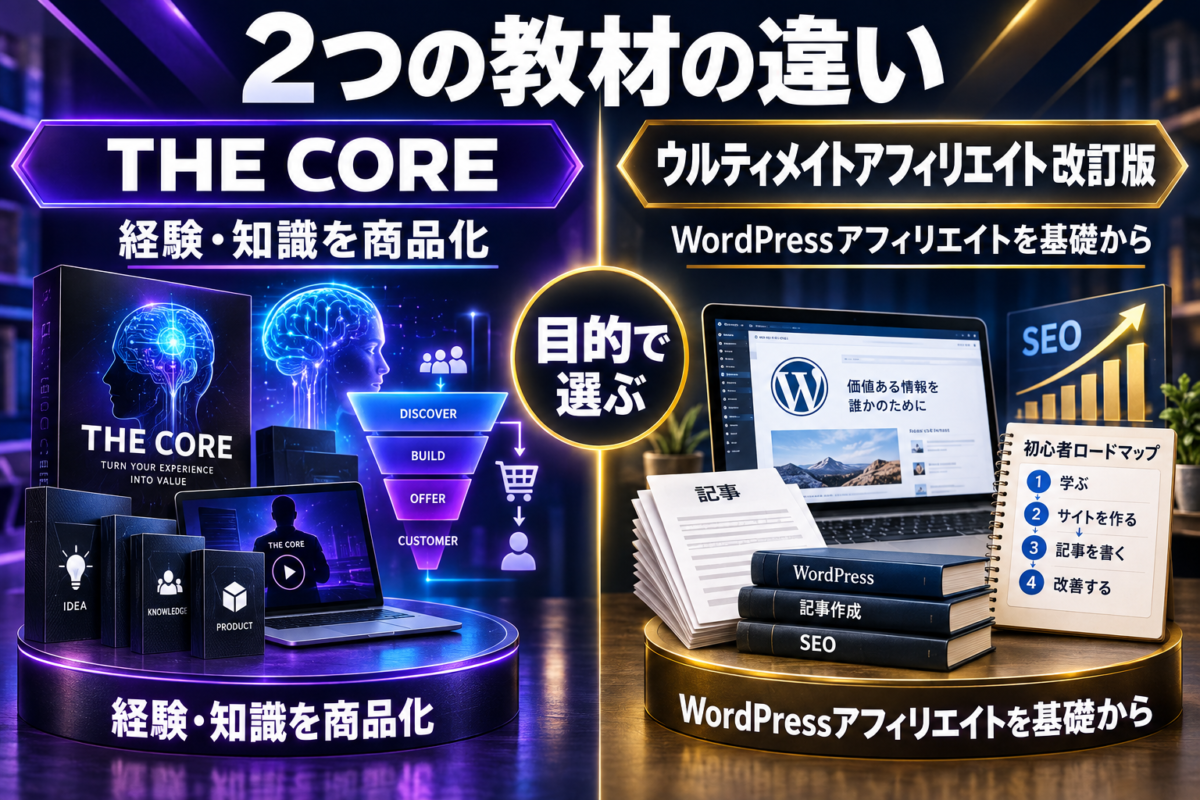 THE COREは経験や知識の商品化、ウルティメイトアフィリエイト改訂版はWordPressアフィリエイトを基礎から学ぶ教材という違い