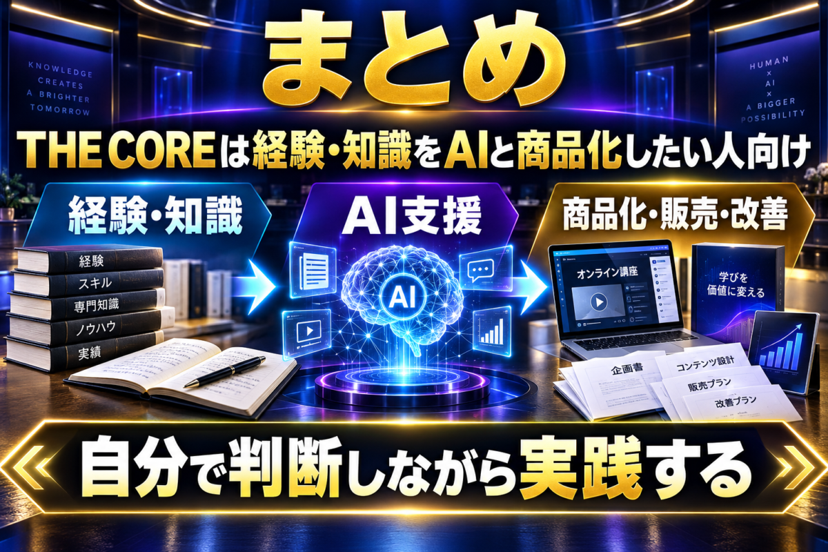 THE COREは経験や知識をAIの支援で商品化し、自分で判断しながら販売と改善を実践したい人向け