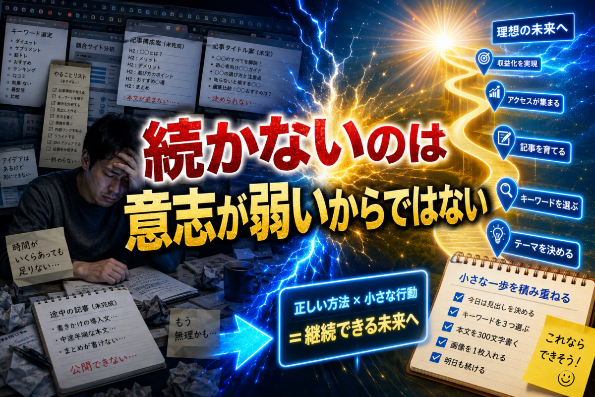 アフィリエイトが続かないのは意志が弱いからではなく、正しい方法と小さな行動を積み重ねる仕組みが必要だと表した画像