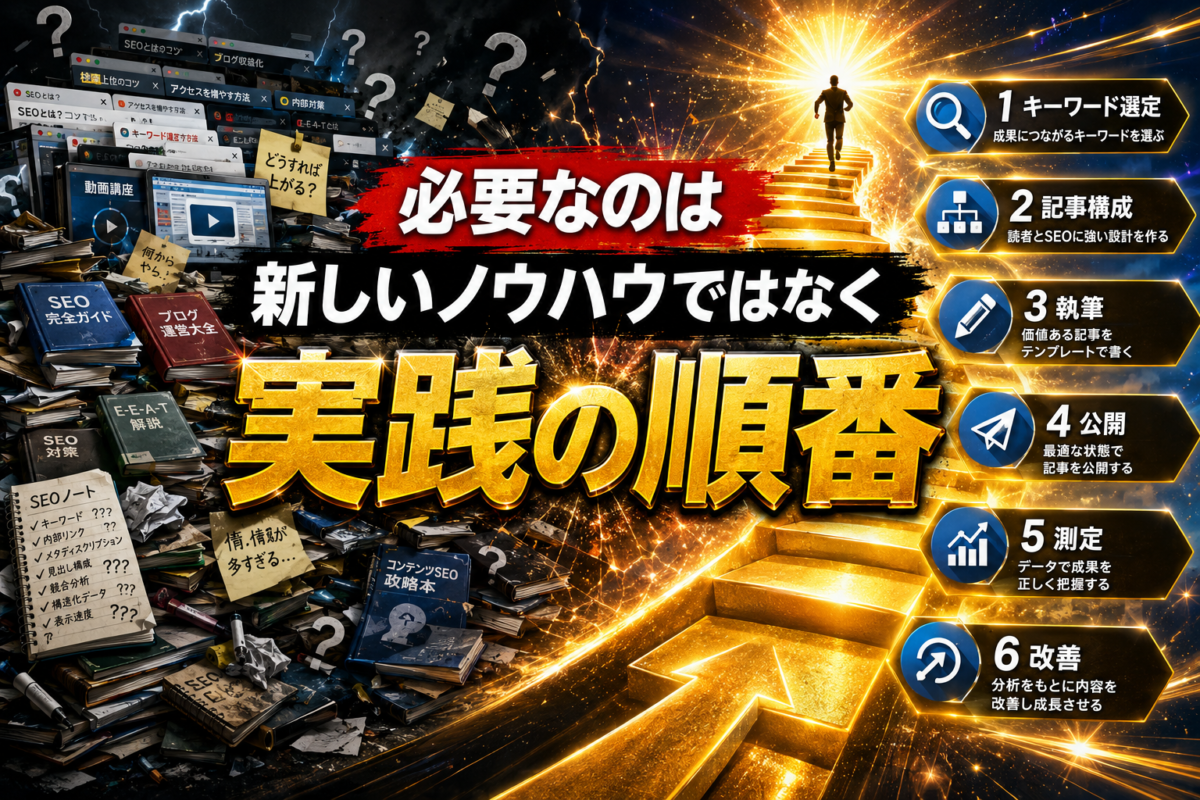新しいノウハウを集め続けるより、キーワード選定・記事構成・執筆・公開・測定・改善という実践の順番が必要だと表した画像