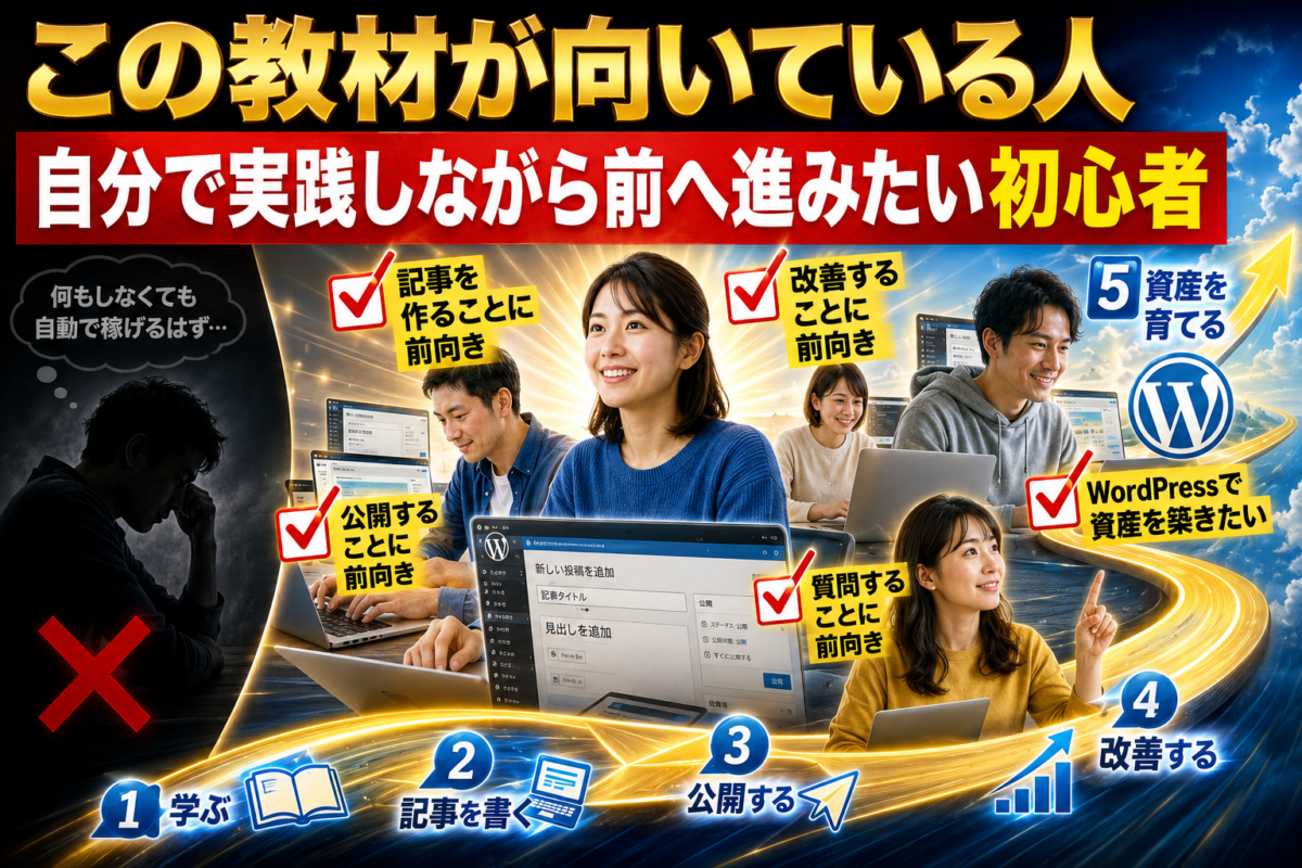 ウルティメイトアフィリエイト改訂版が、記事作成・公開・改善に前向きで、質問しながらWordPressの資産を育てたい初心者に向いていることを表した画像