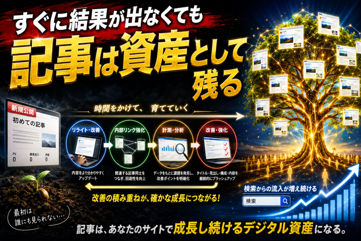 公開直後に結果が出なくても、リライト・内部リンク・検索データ分析・改善を積み重ねることで、記事が成長し続けるサイトの資産になることを表した画像