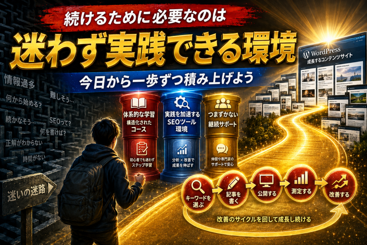 教材・SEO分析ツール・サポートを活用し、迷わず記事の執筆・公開・計測・改善を続けられる環境を表した画像